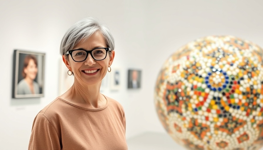 Smiling woman with mosaic sculpture at St. Michael's Church Art Exhibition.