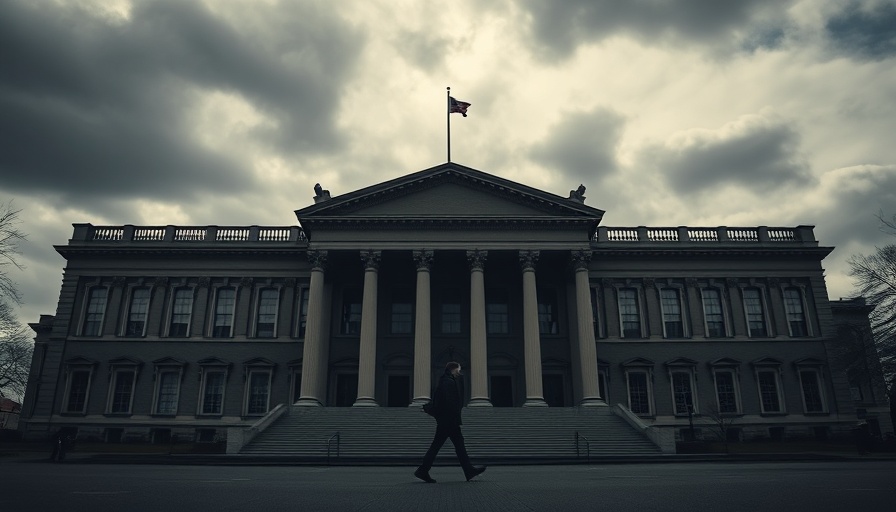 Silhouette in front of a neoclassical building, constitutional crisis theme.