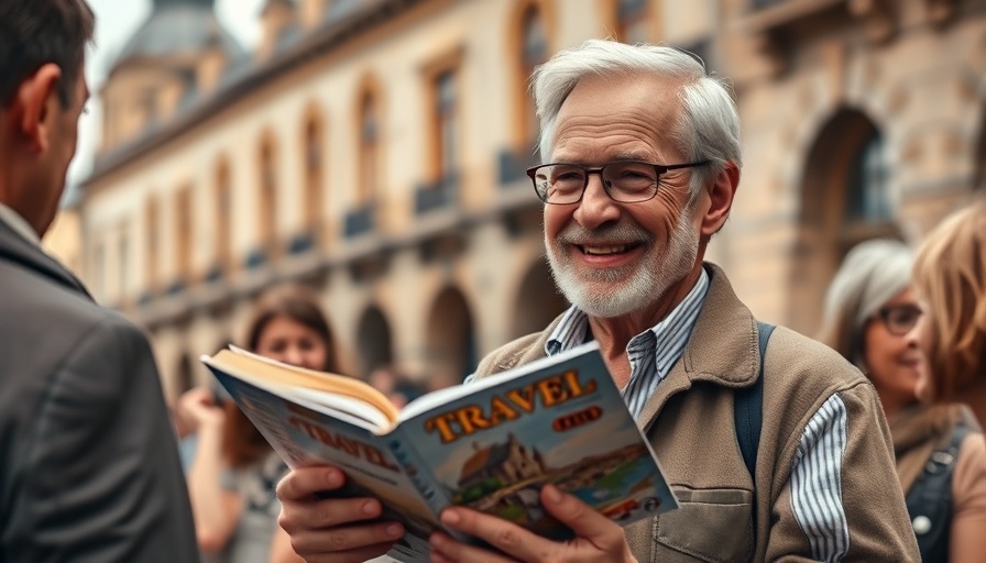 Travel and Compassion: Older man with travel book smiling warmly.