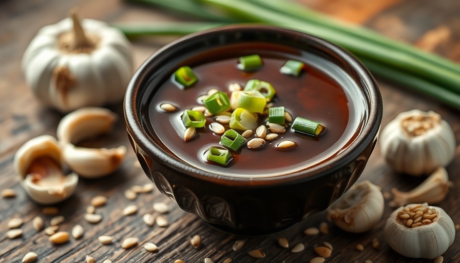 Close-up of homemade teriyaki sauce with green onions and sesame seeds.