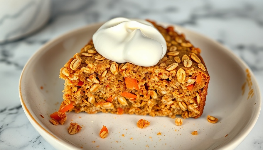 Tasty healthy carrot cake baked oatmeal slice with yogurt.