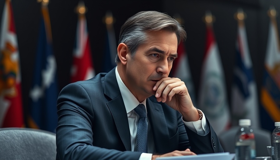 Serious man in suit at table with flags, important setting.