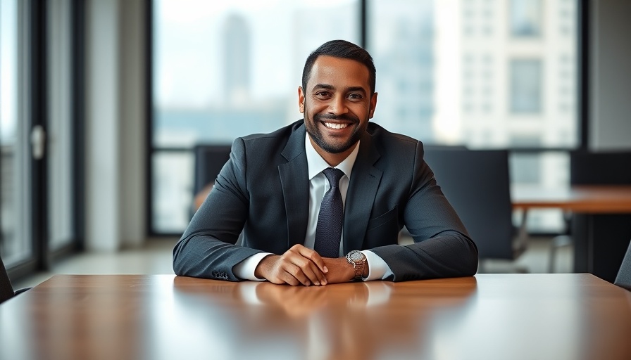 Property finance UK expert confidently seated at office table.