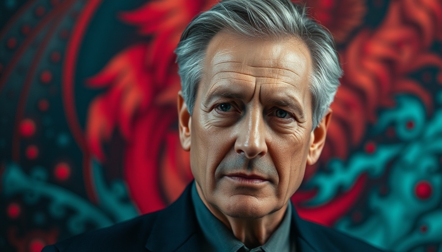 Mature man with gray hair in dark suit against abstract background reflecting America's Economic Chaos.