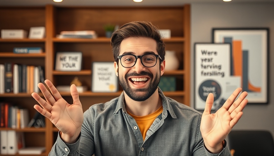 Enthusiastic male in office announcing good news for limited companies.