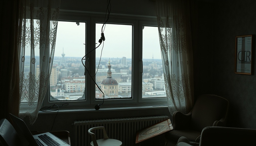 Dimly lit Kharkiv room with broken window and dangling lace.