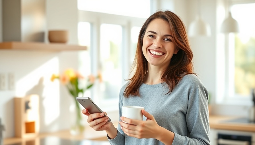 Cheerful woman overcoming debt anxiety, standing with phone in kitchen.