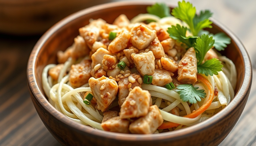 Appetizing sesame chicken and cabbage salad in a wooden bowl.