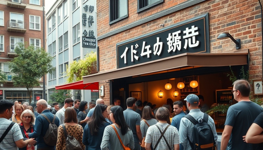 Chagee tea shop with crowd, urban environment.