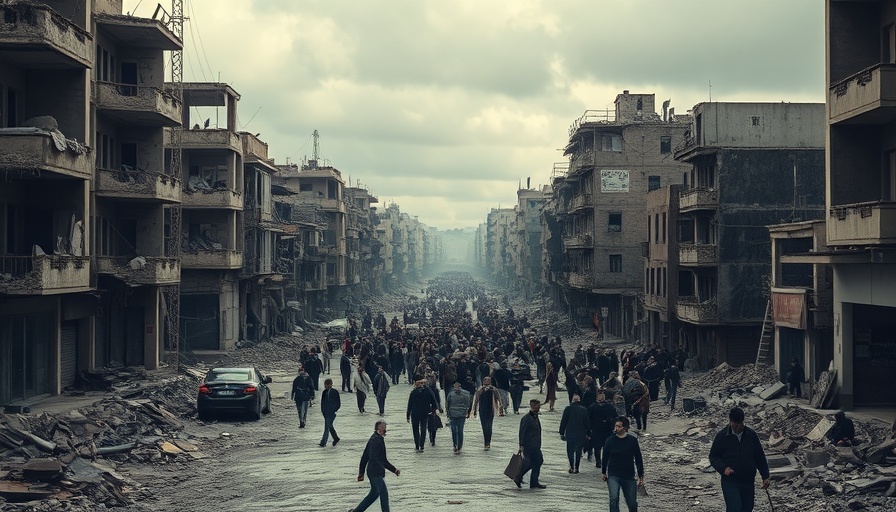 Palestinians walk through war-torn streets amidst ruins, cloudy sky.