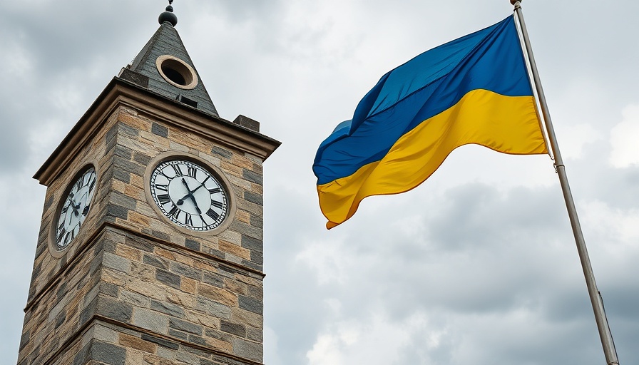 Ukraine solidarity push symbolized by flag on clock tower.