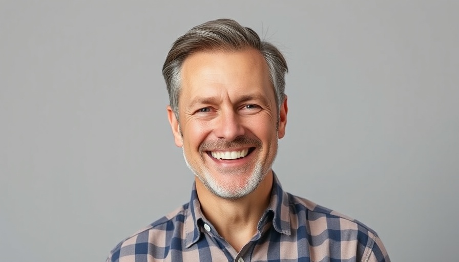 Smiling middle-aged man in checkered shirt, grey background.