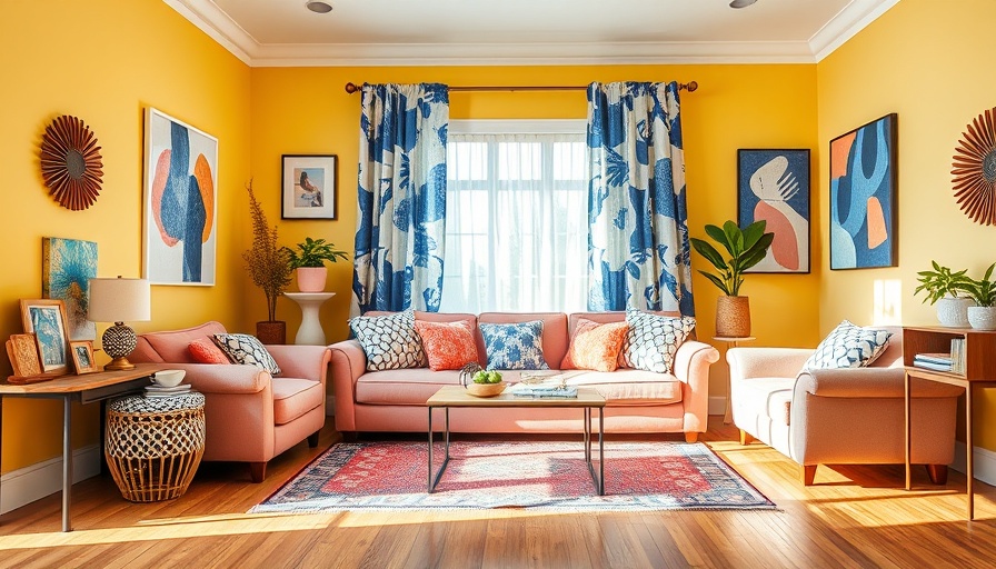 Colorful living room with butter yellow walls and pink sofa.