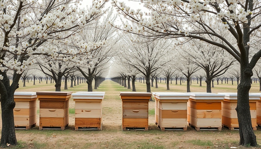 Beehives under blooming almond trees in orchard, soft daylight scene.