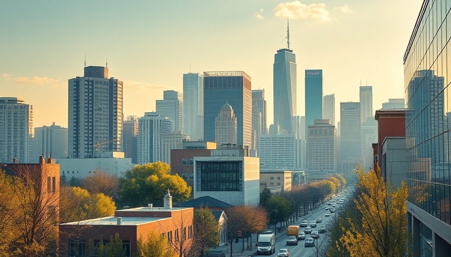 Springtime cityscape depicting modern buildings and greenery.