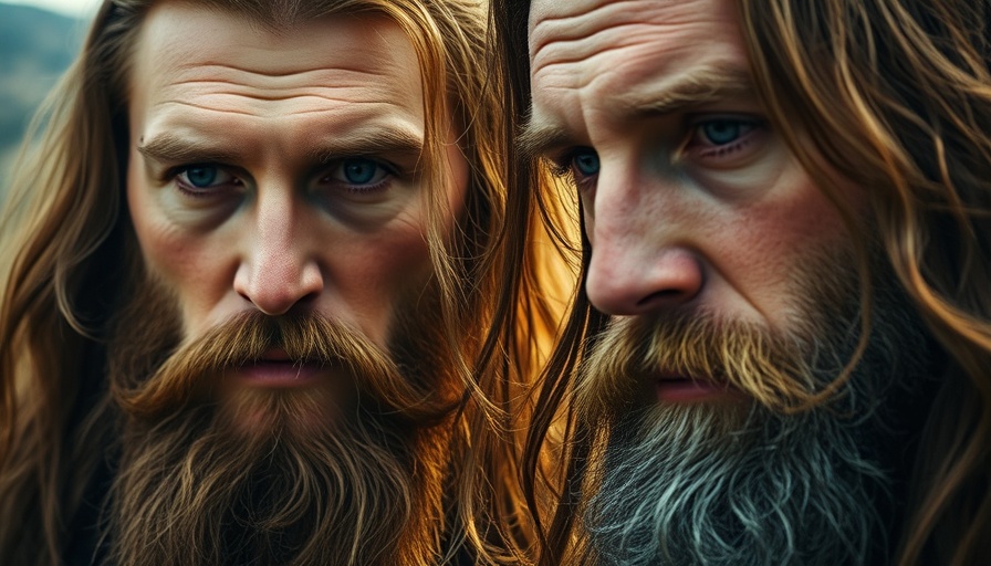 Grainy close-up of two men in a thoughtful gaze, cinematic style.