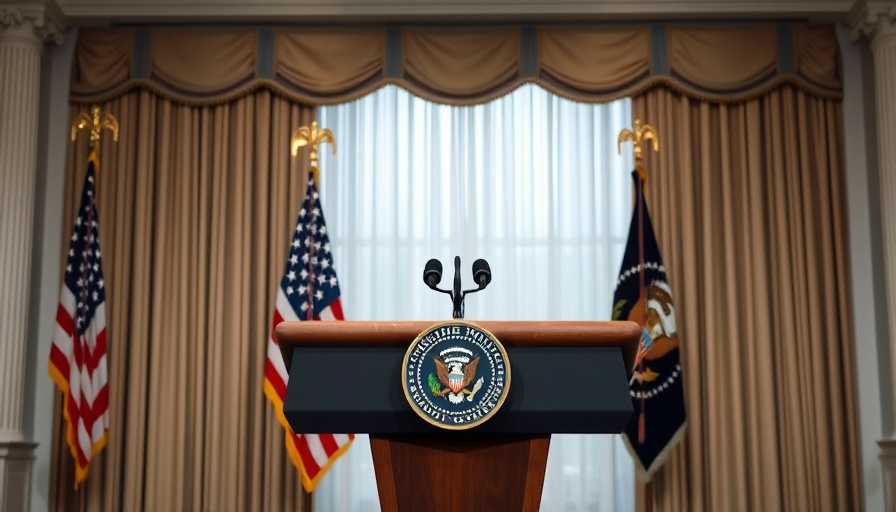 White House press briefing setup with podium and flags.