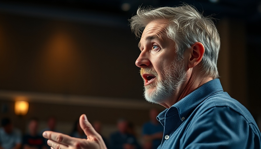 Middle-aged man speaks on stage about 'Who Created God'