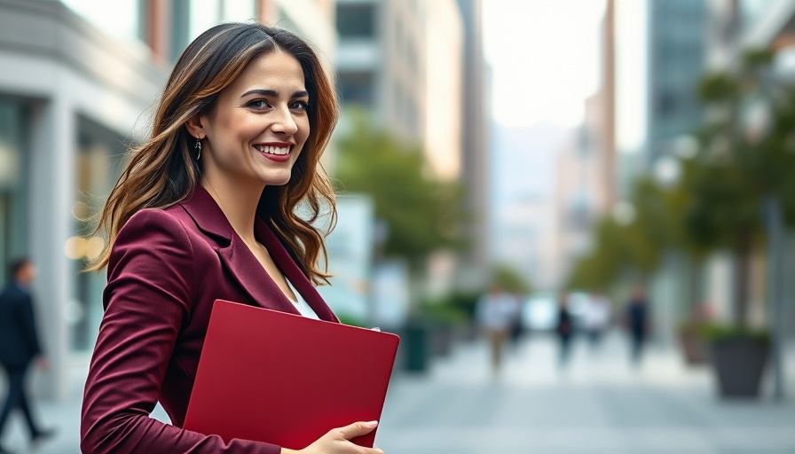Professional woman with document folder, UK housebuilding initiative.