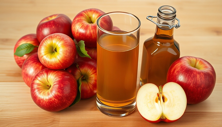 Fresh apples with apple cider vinegar on wooden table.