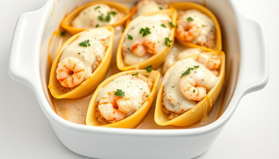 Golden Shrimp Alfredo Stuffed Shells in baking dish.