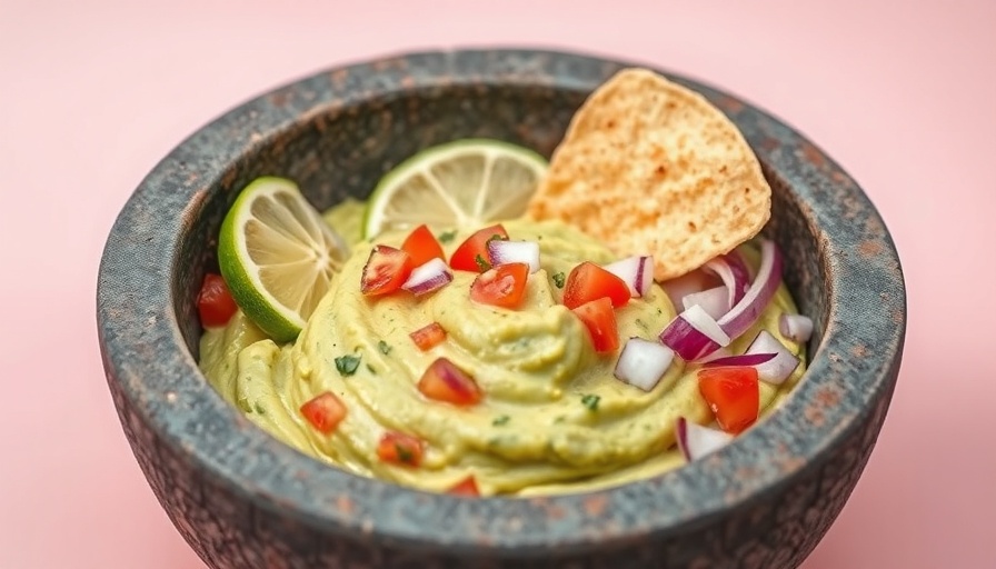 Tableside guacamole recipe in stone bowl with lime and chips