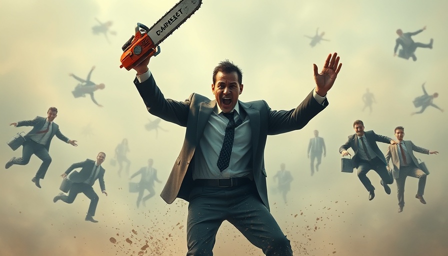 Dynamic figure with chainsaw amid people, showcasing DOGE influence.