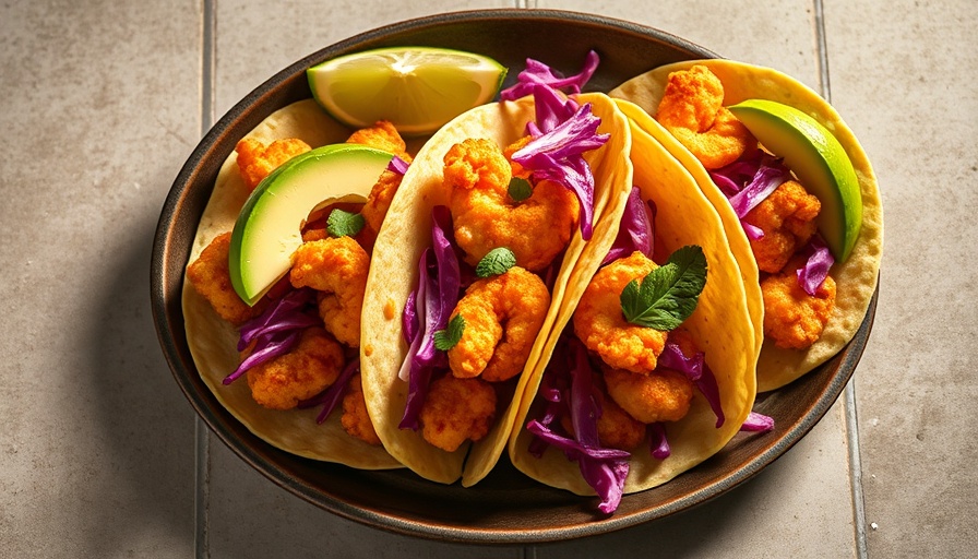 Delicious popcorn shrimp tacos topped with fresh avocado and slaw.