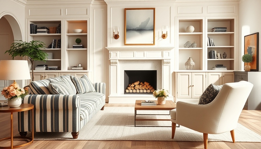 Cozy living room with beige carpet, stylish décor, and striped sofa.
