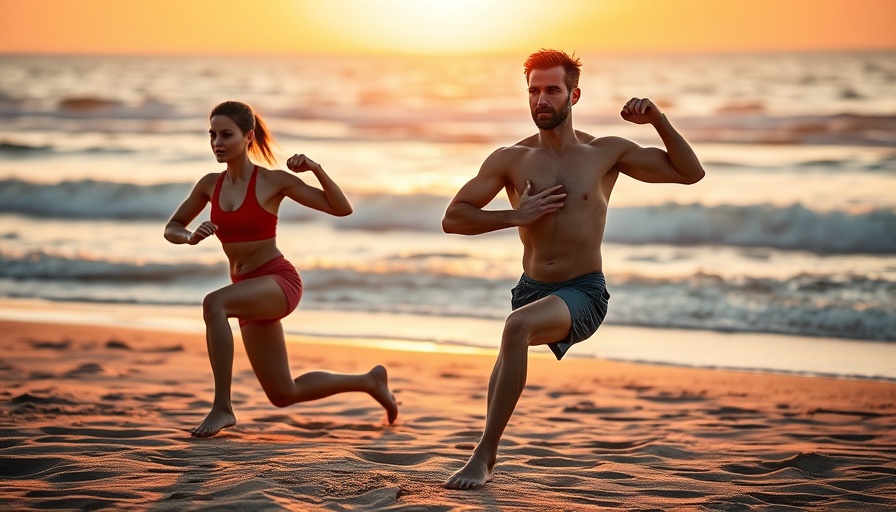 Fit couple exercising on beach during sunrise for summer fitness plan.