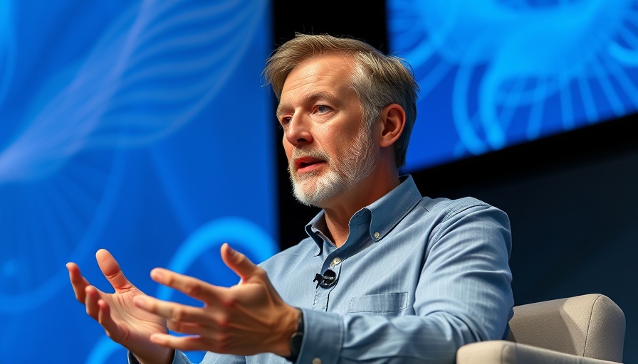 Middle-aged man discusses reconciling faith and science on stage.