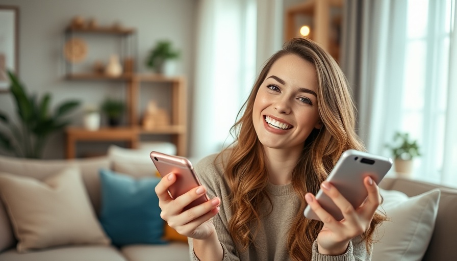 Smiling young woman features money-saving apps in cozy setting.