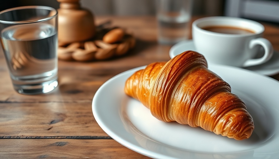Half-term budgeting: croissant, coffee, and water on rustic table.