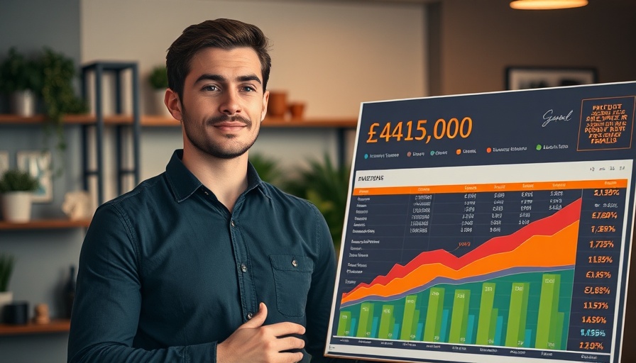 Man presenting £425,000 investment portfolio with financial chart.