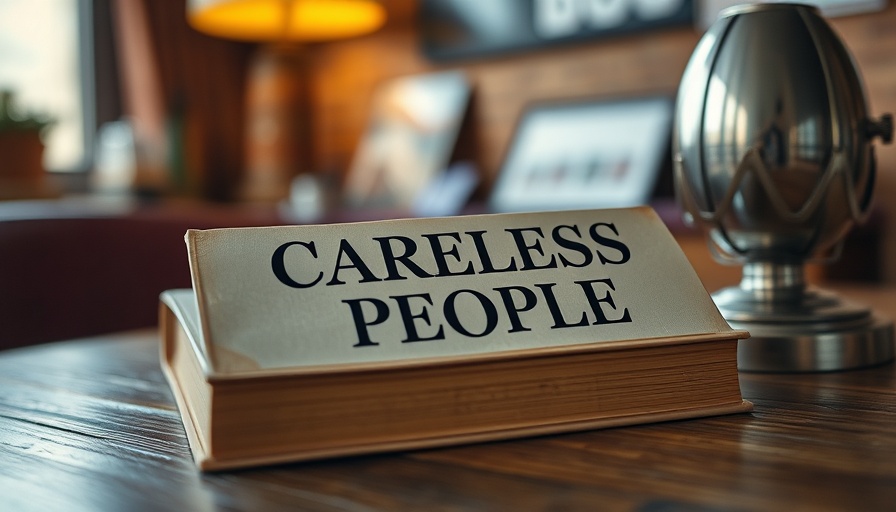 Close-up of 'Careless People' book on wooden table with lamp.