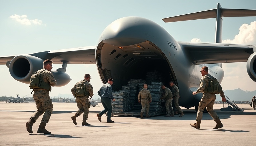 Military team supporting operations by loading supplies into aircraft.