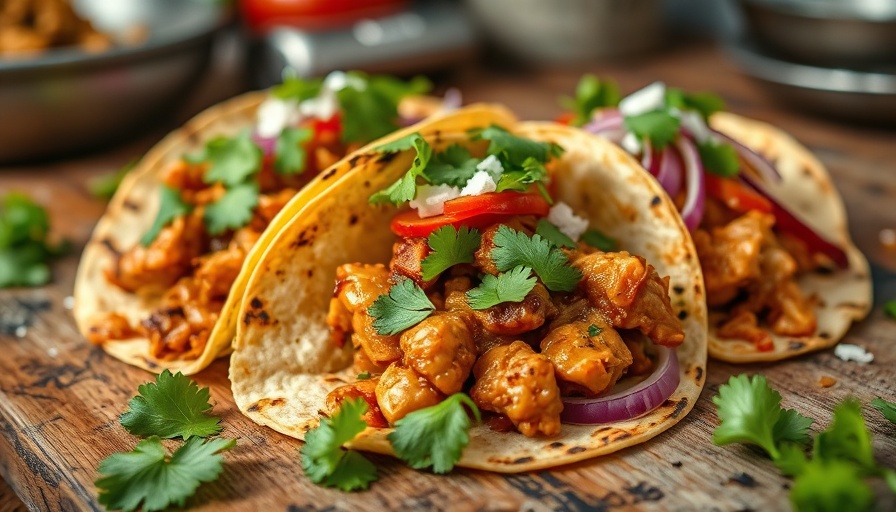 Slow-cooked chicken tinga tacos with vibrant toppings and charred tortillas.