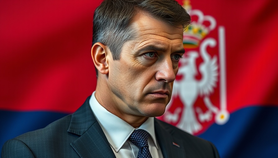 Solemn Serbian leader in front of flag, international arrest warrant news.