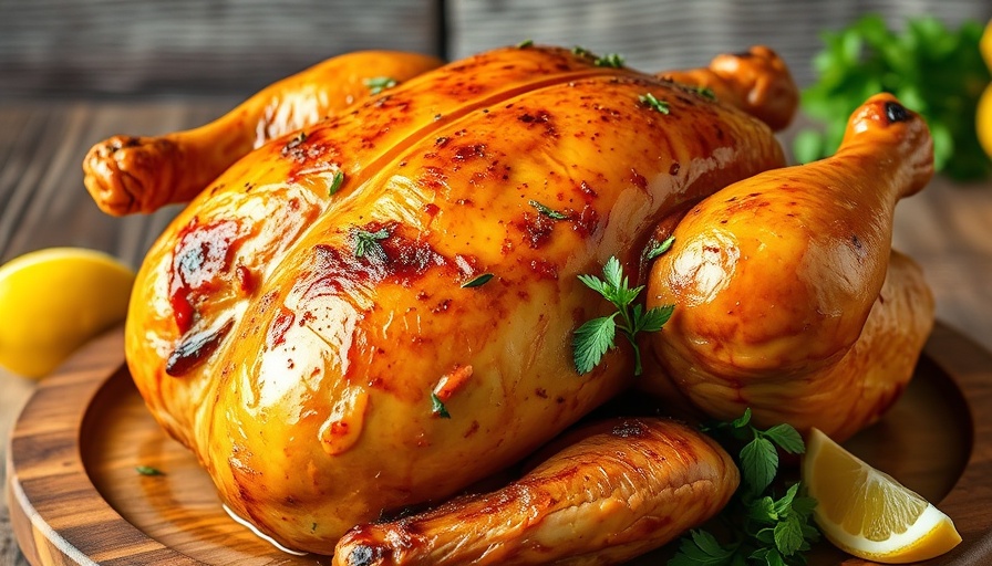 Golden brown rotisserie chicken with lemon and herbs
