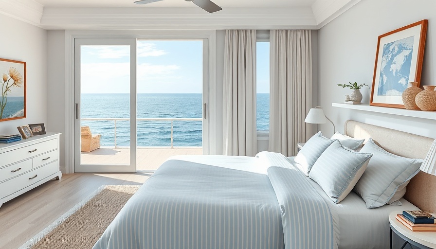 Mamma Mia core summer collection in serene coastal bedroom with ocean view.