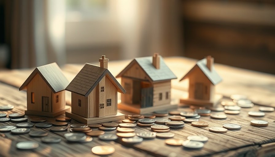 UK housing market concept with wooden houses and coins on a table.