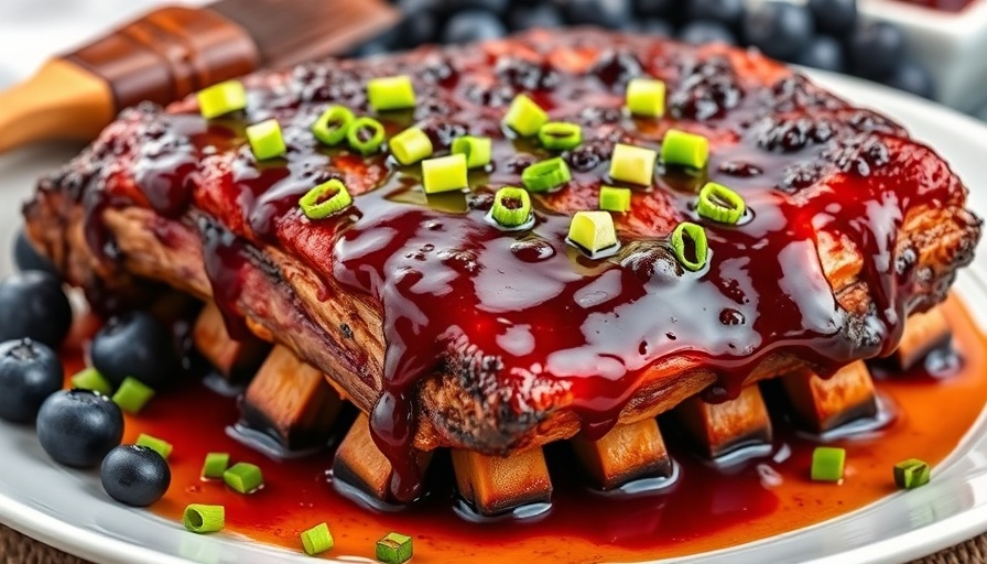 Blueberry BBQ sauce ribs garnished with green onions.