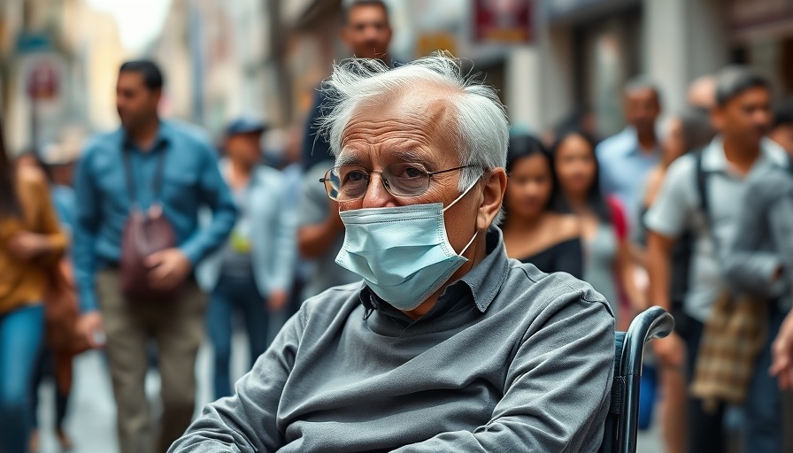 Crowded street scene post-earthquake with an elderly man in a wheelchair.