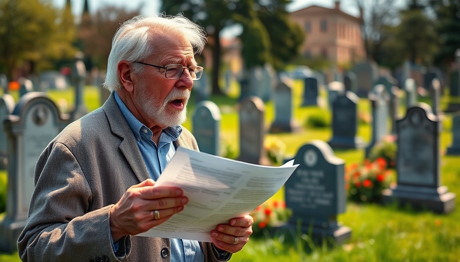 Understanding How Taxes Work: Elderly man holds paper in cemetery.