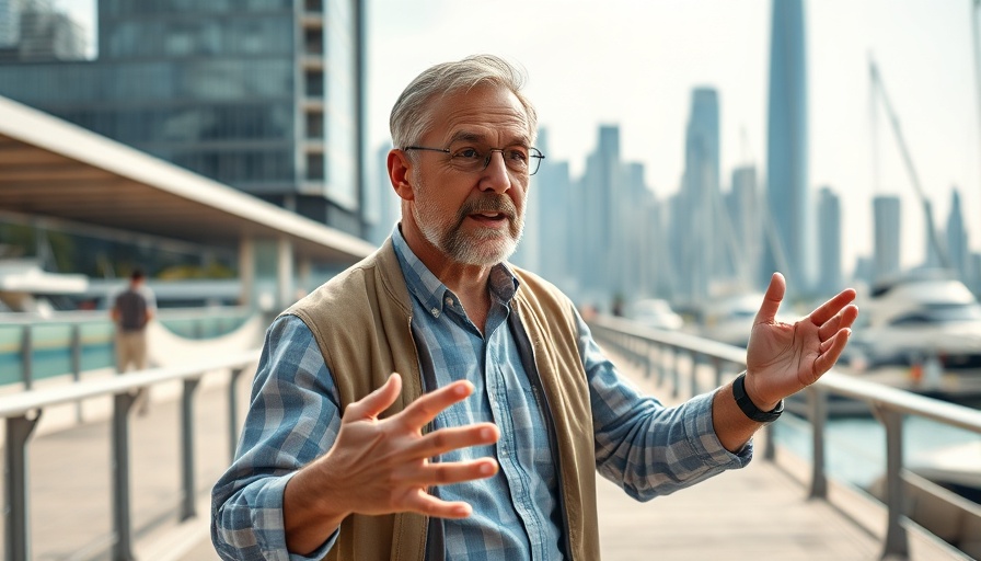 Man explaining fastest way to become poor, city marina background.