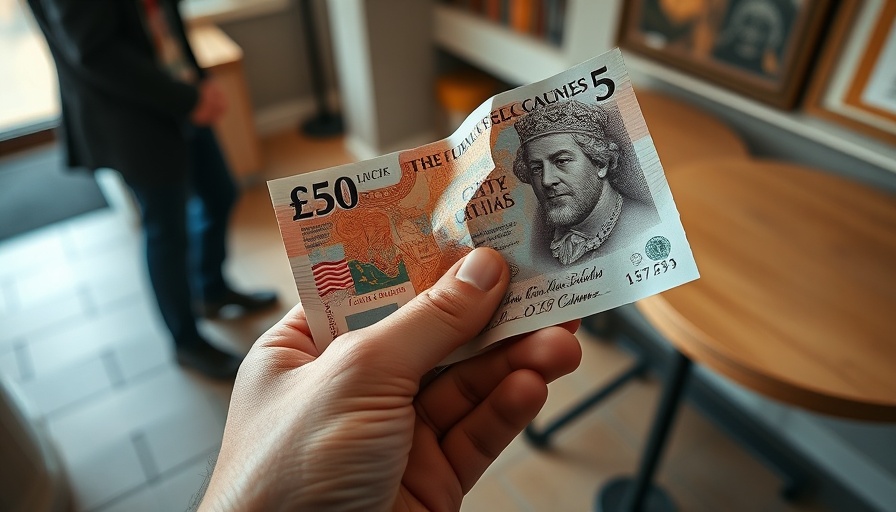 Hand holding slightly bent King Charles £5 bank note, text overlay.