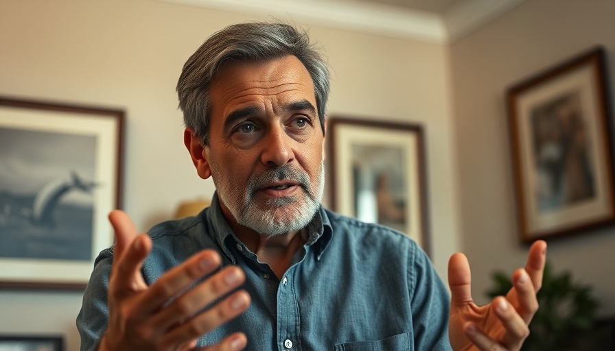 Middle-aged man speaking energetically indoors, financial discussion topic.