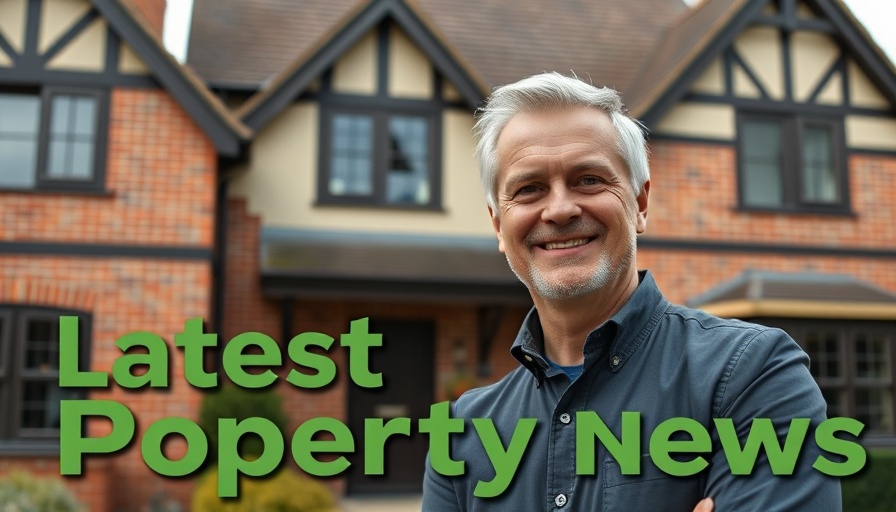 Latest UK property news with smiling man and house backdrop, 2025.