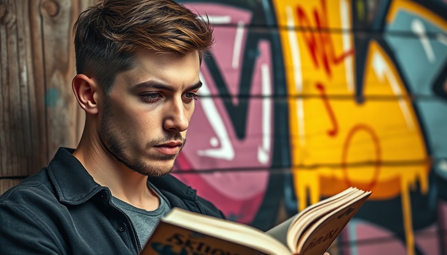 Young man reading book with graffiti backdrop, biblical literacy for Gen Z