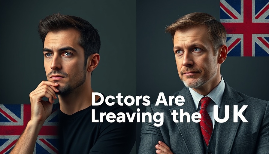 Doctors leaving the UK depicted in dual portrait with text overlay.